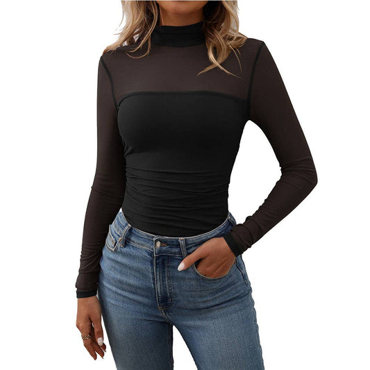 Half High Neck Sheer Long Sleeve Mesh Top, Feathered Farmhouse
