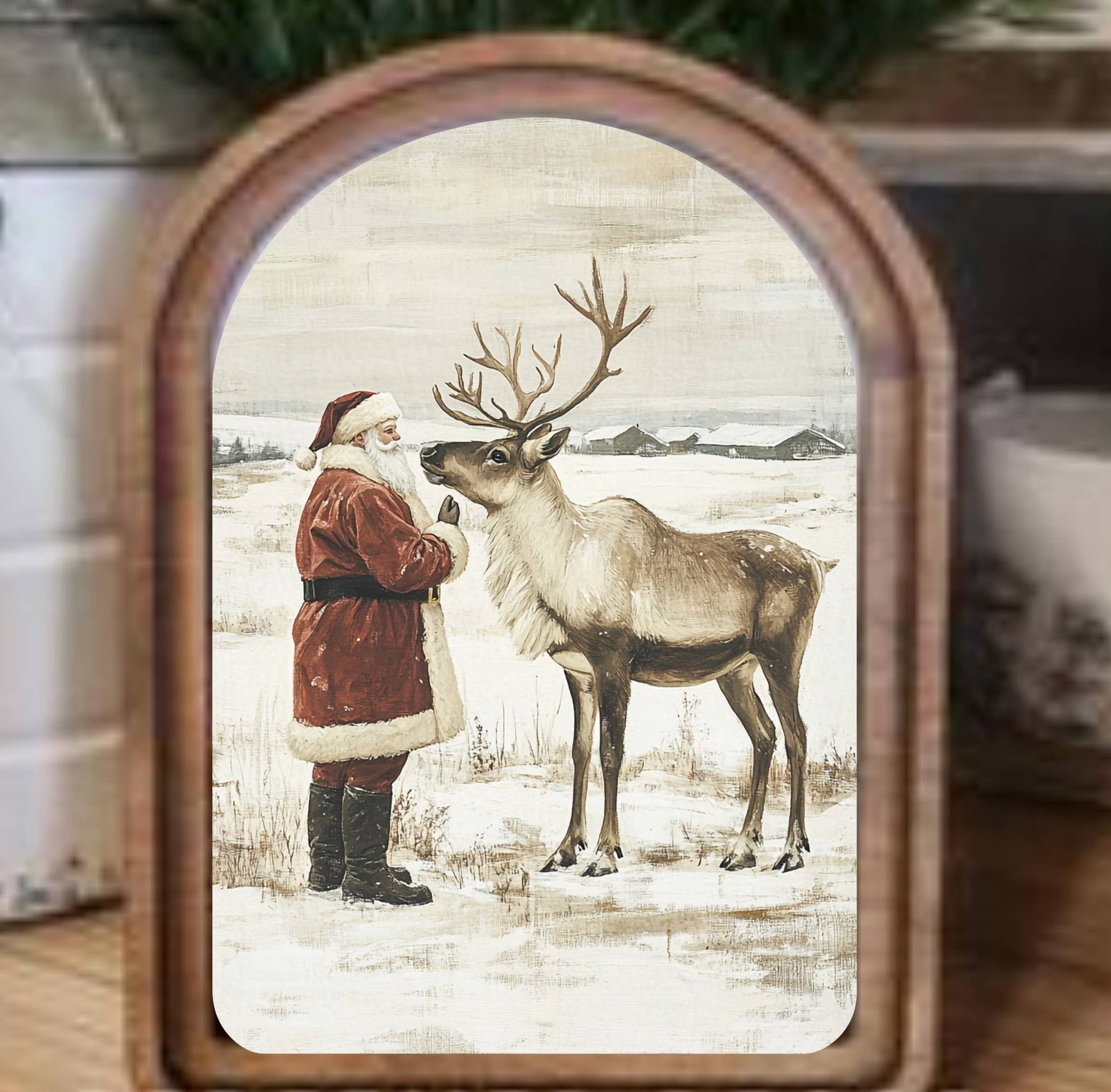 Arch Top Santa Reindeer Neutral Framed Art, Feathered Farmhouse