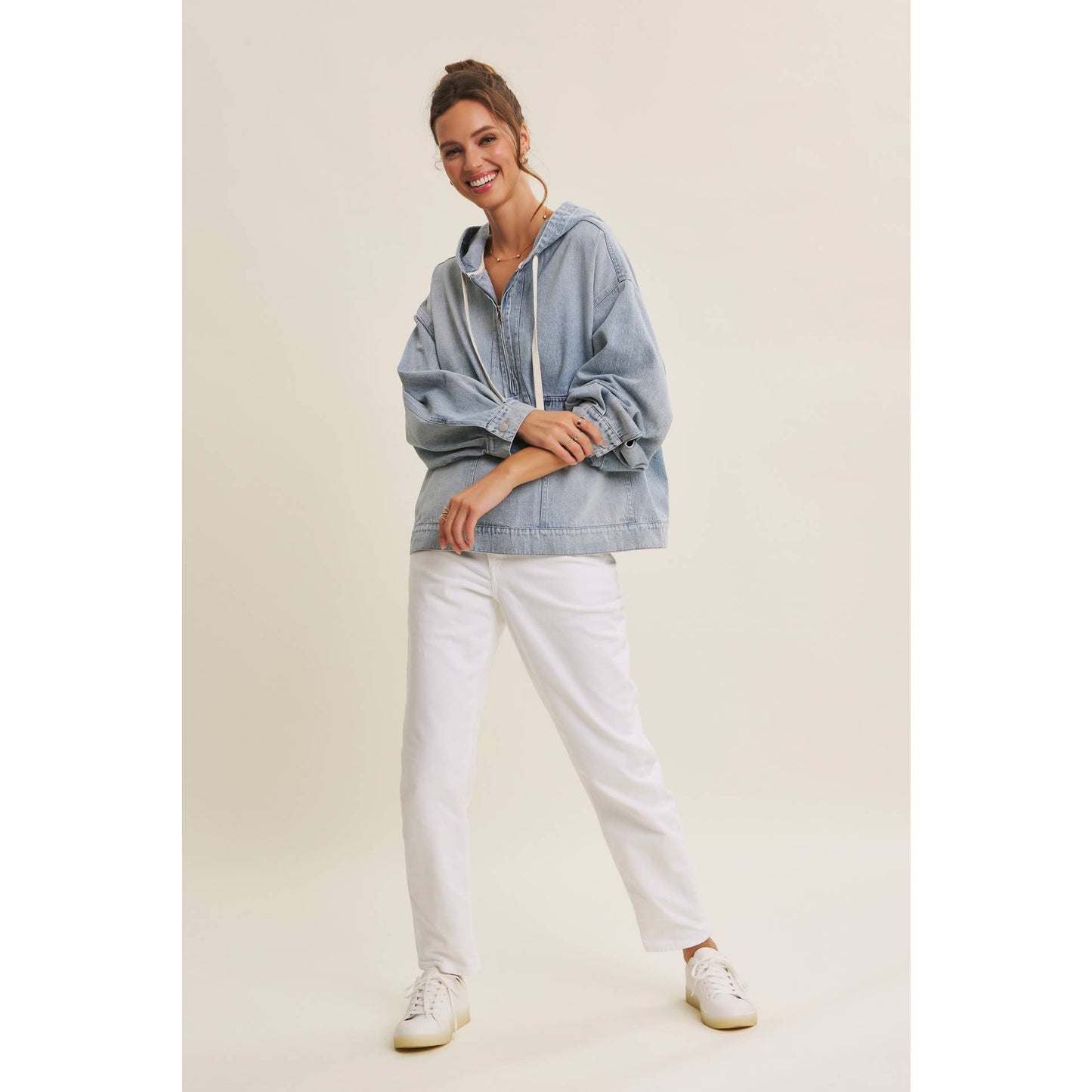 Mineral-Washed Denim Hooded Pullover, Feathered Farmhouse