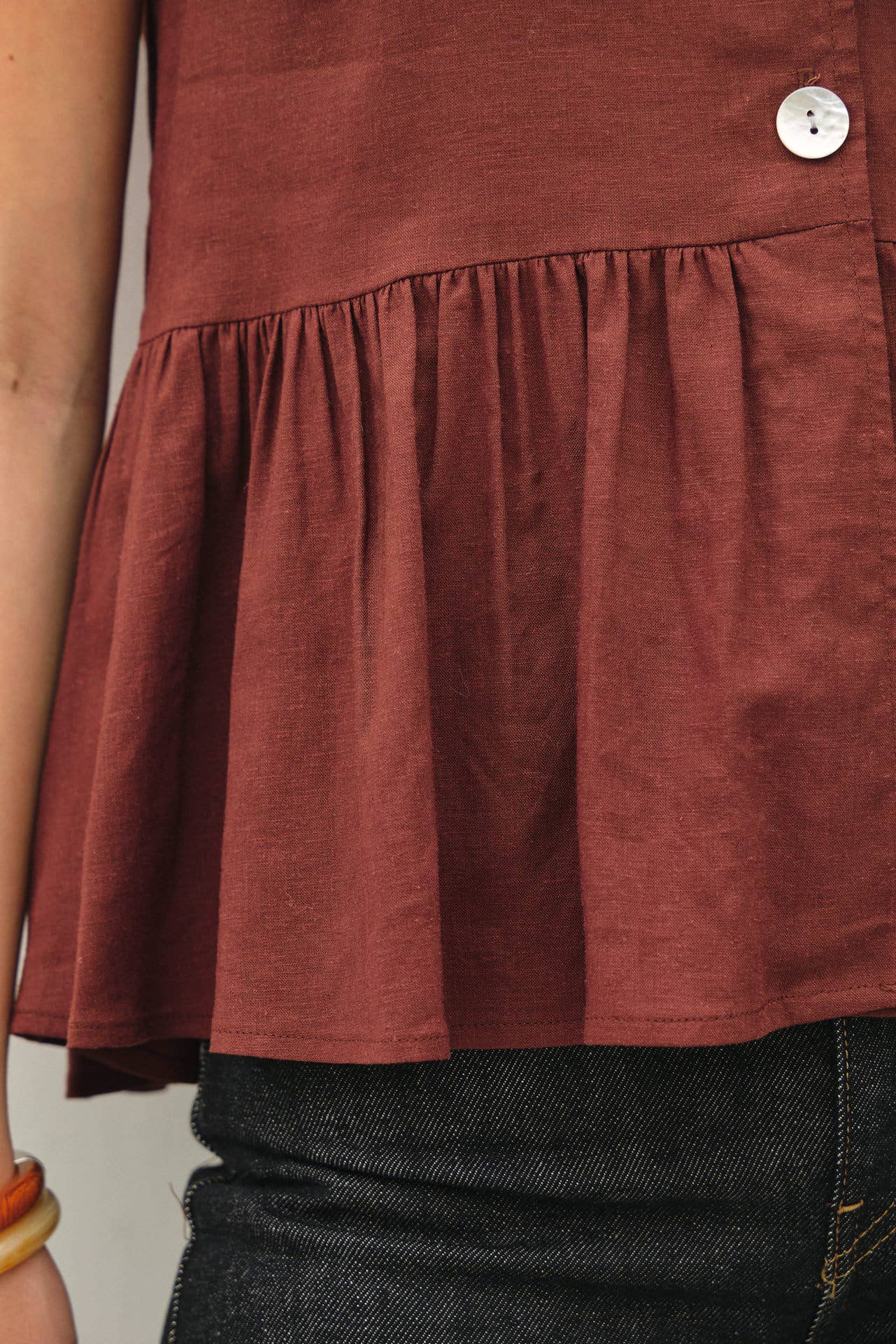 Airy Woven Linen Blend Peplum Top, Feathered Farmhouse