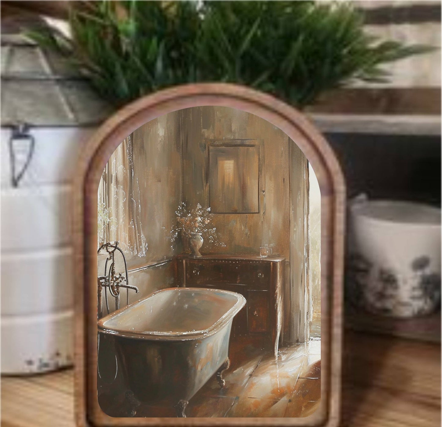 Vintage Bathroom Framed Art Arch Top, The Feathered Farmhouse