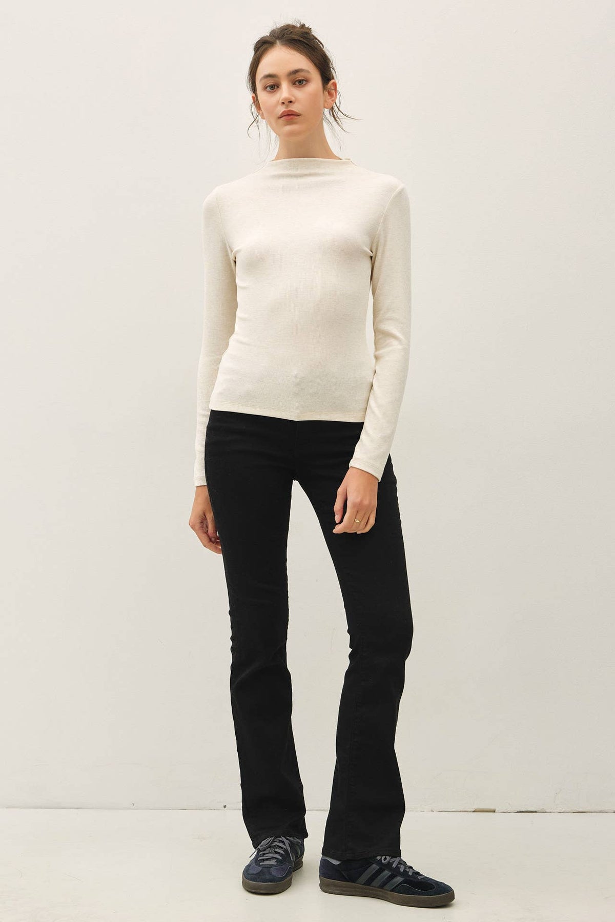 Off White Basic Ribbed Mockneck Knit Top, Feathered Farmhouse