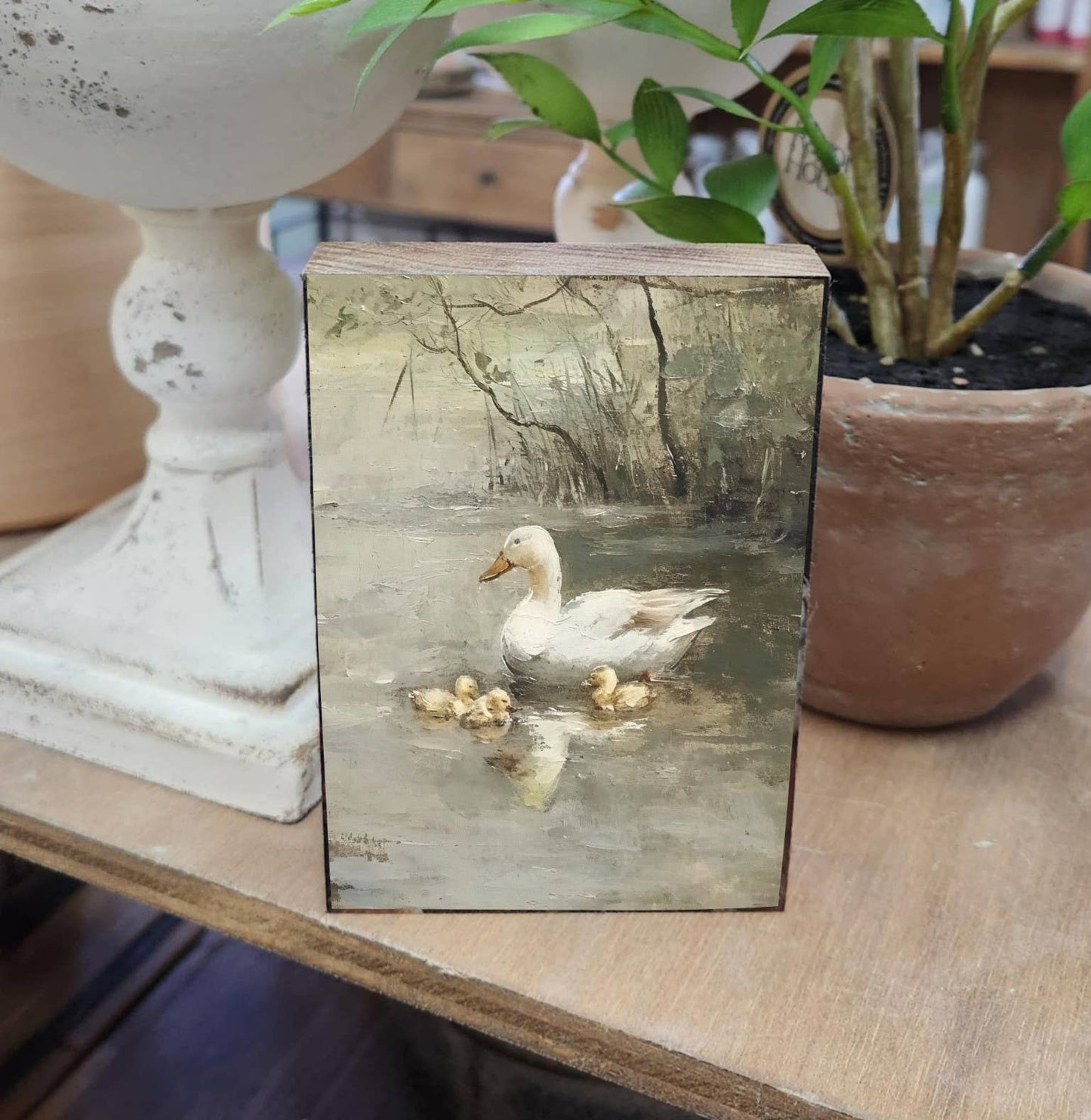 Vintage Pond Ducks Printed Block, Feathered Farmhouse