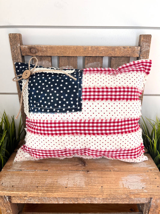 American Flag Primitive Pillow, Feathered Farmhouse