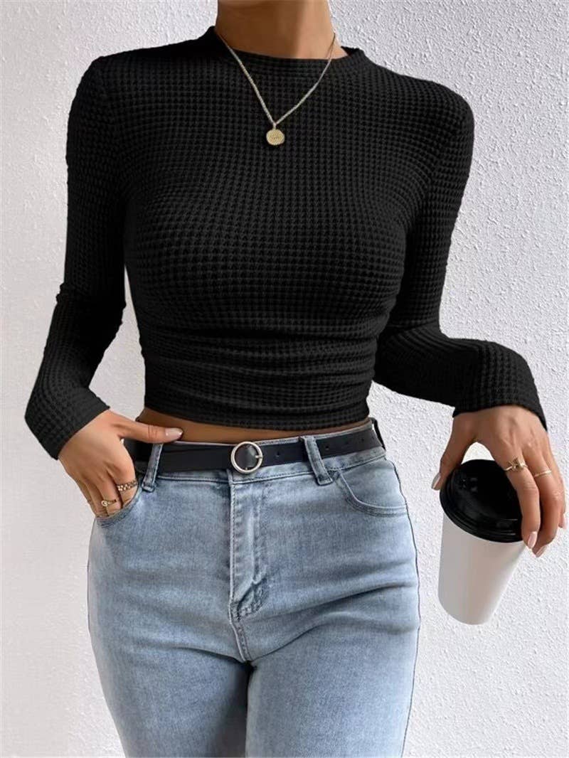 Black Plain Waffle Fitted long Sleeve Top, Feathered Farmhouse
