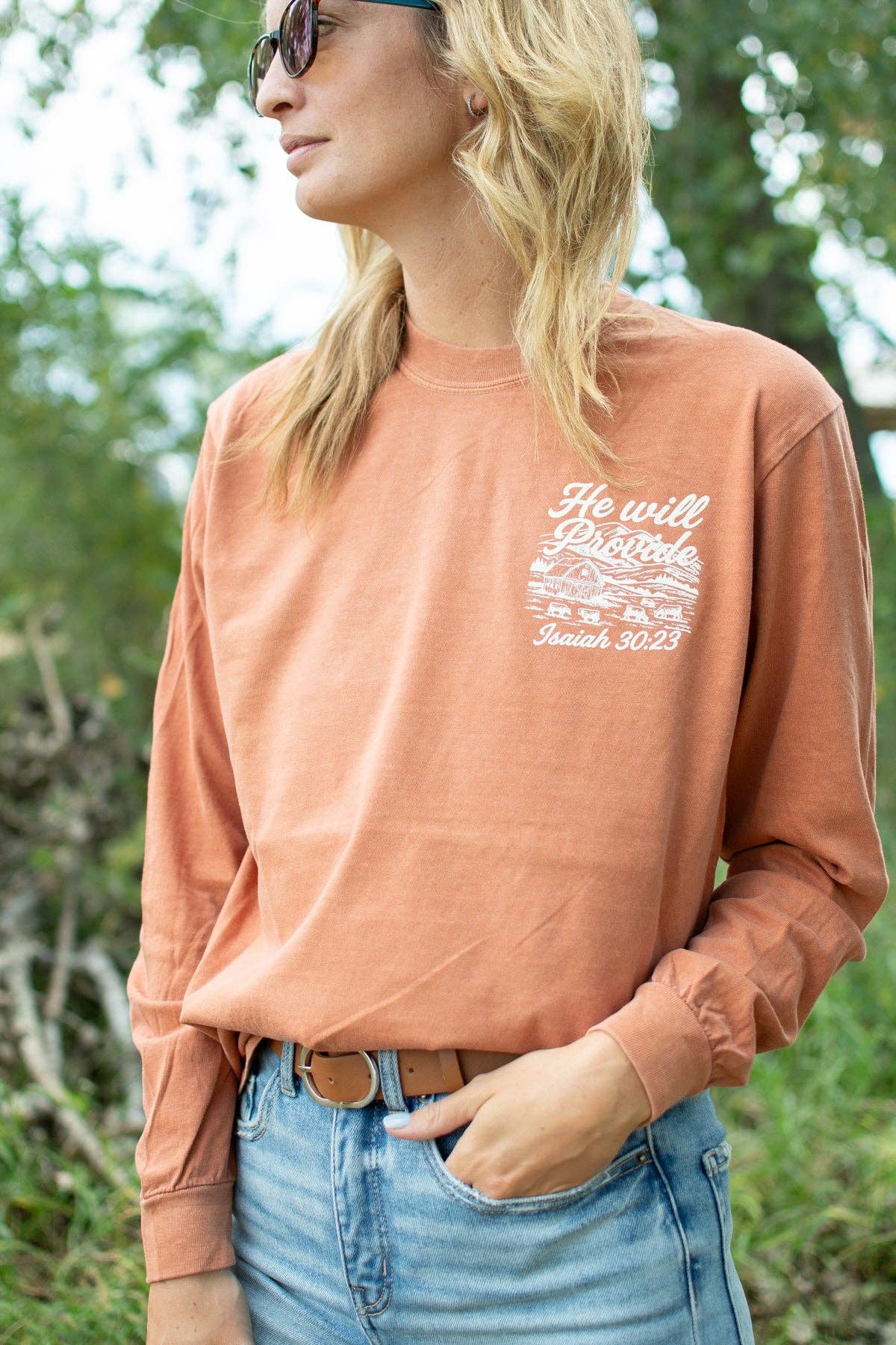 Western 'He Will Provide' Isaiah 30:23 Long Sleeve, Feathered Farmhouse