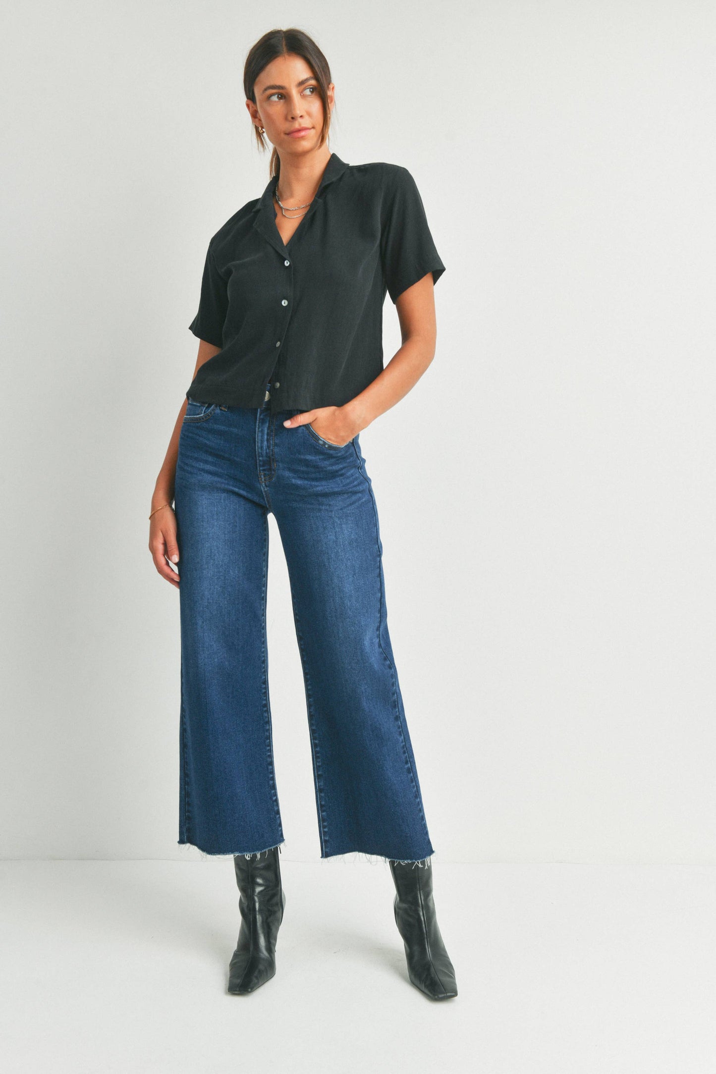 Dark Denim Slim Wide Leg Jeans, Feathered Farmhouse