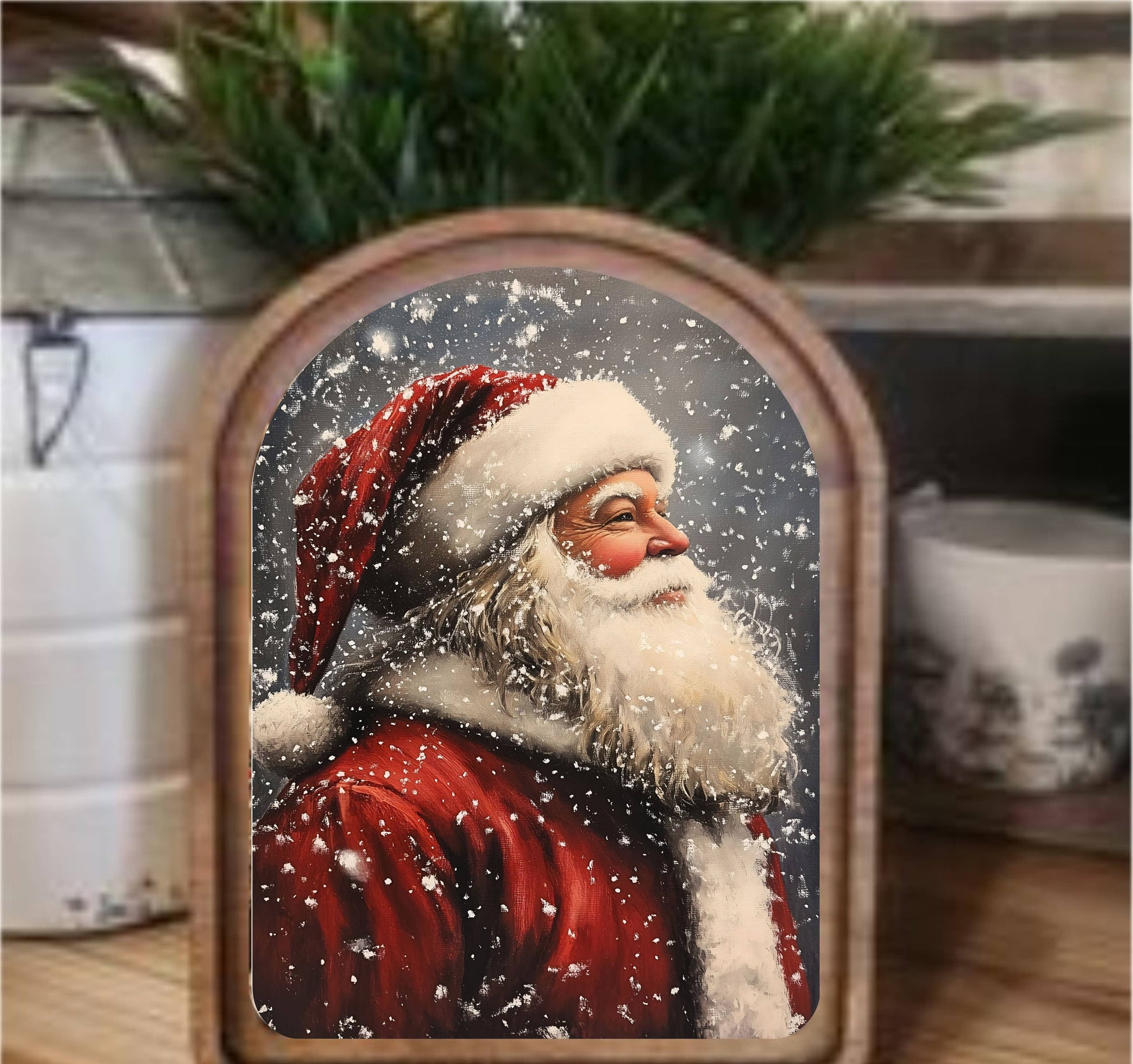 Antique Santa Framed Art Arch Top, Feathered Farmhouse