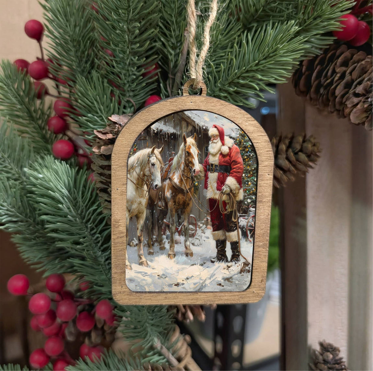 Canvas Arch Ornament Santa With Horses, Feathered Farmhouse