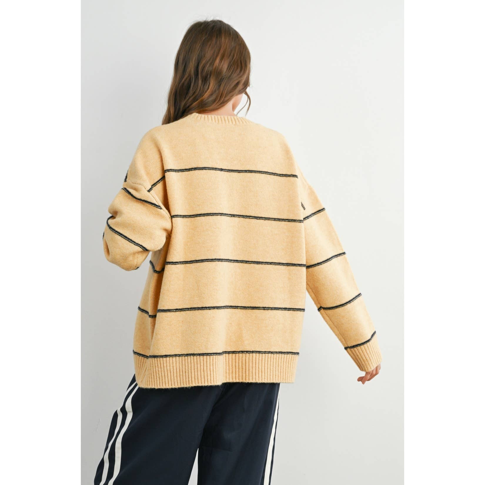 Striped Pattern Drop Shoulder Sweater, Feathered Farmhouse