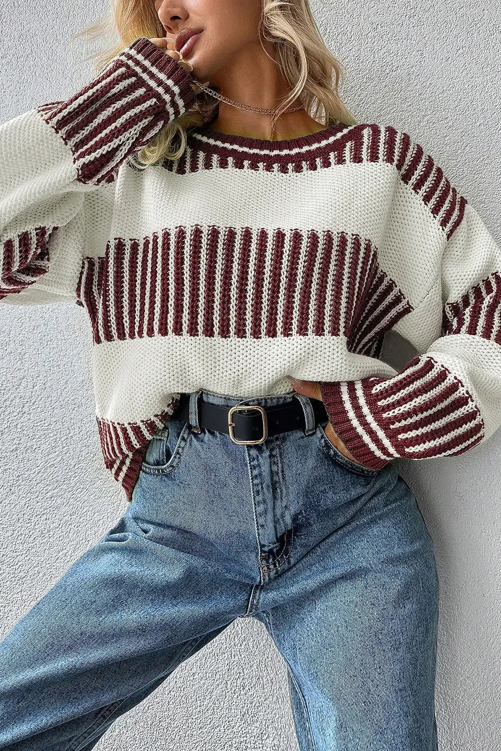 Brown Striped Sweater, Feathered Farmhouse