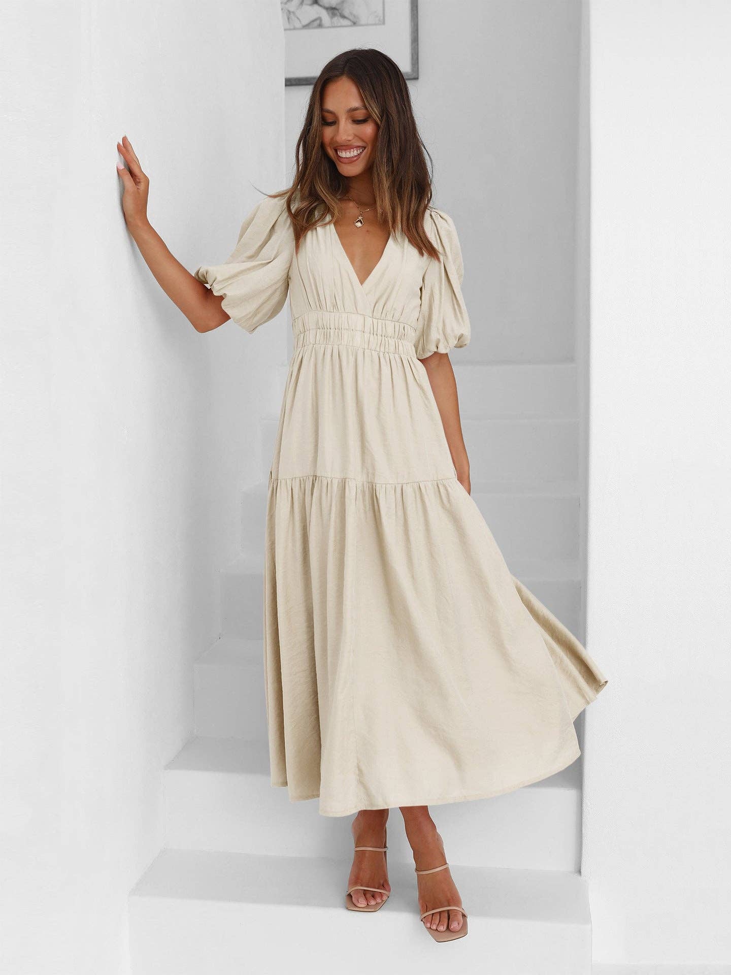 Amy V-Neck Daily Midi Dress, Feathered Farmhouse