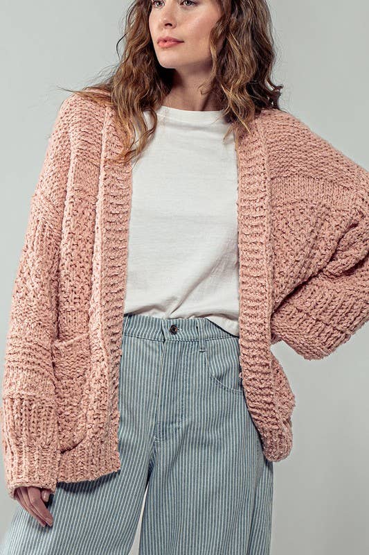 Pink Two Pouch Crochet Knit Cardigan, Feathered Farmhouse