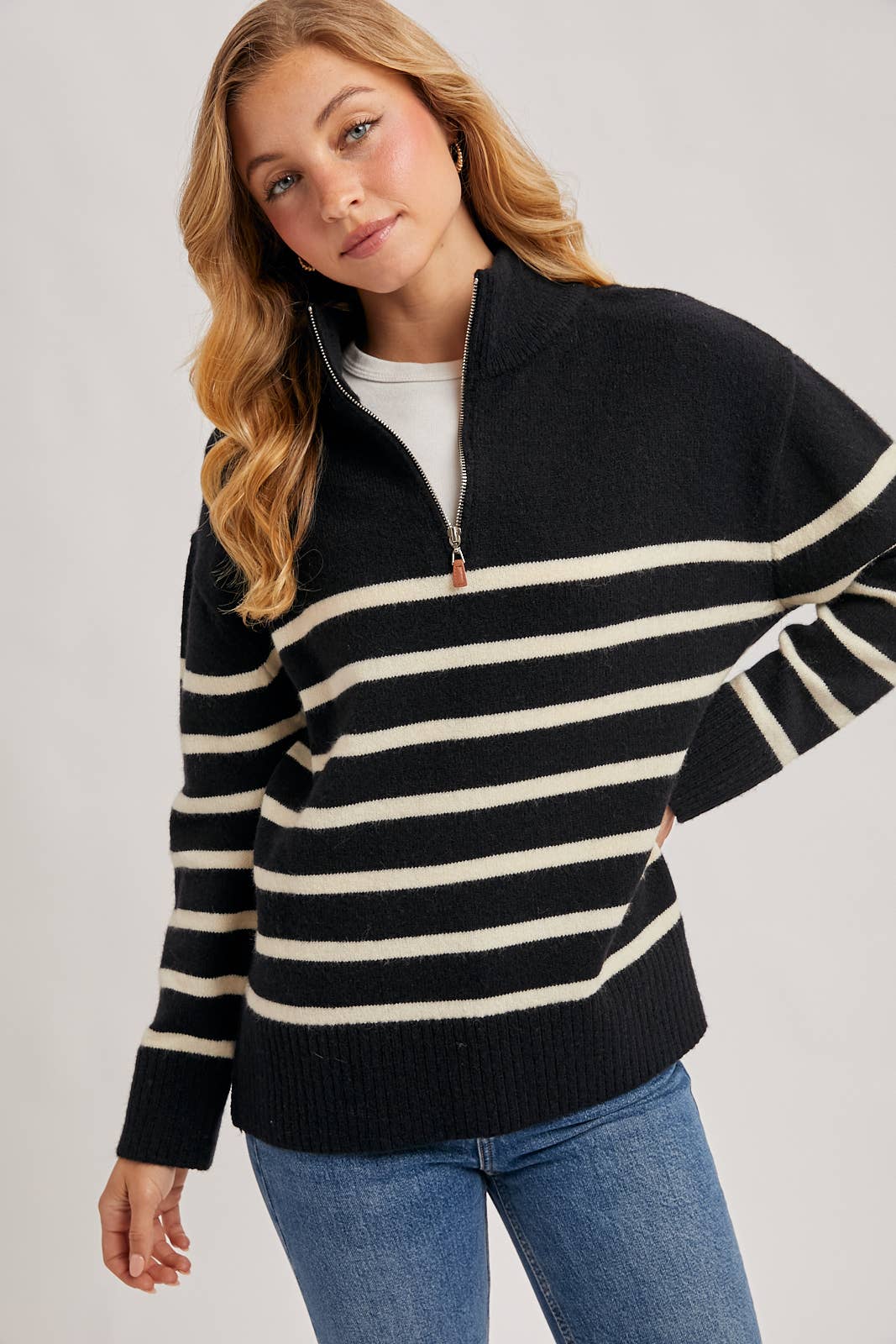 Quarter Zip Up Stripe Sweater, Feathered Farmhouse