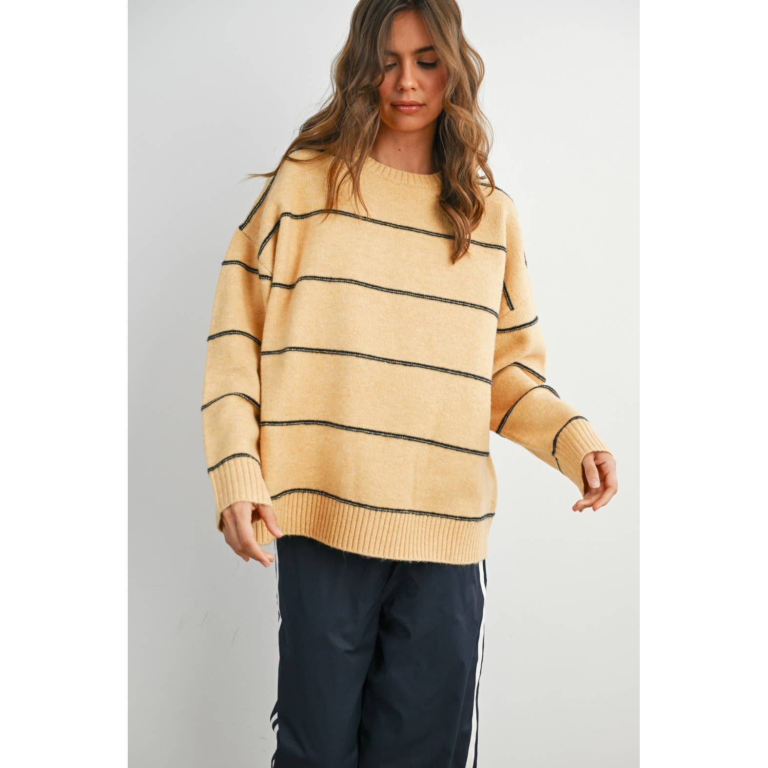 Striped Pattern Drop Shoulder Sweater, Feathered Farmhouse