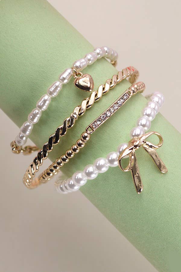Bow Pearl Rhinestone Bar Stretch Bangle Set, Feathered Farmhouse