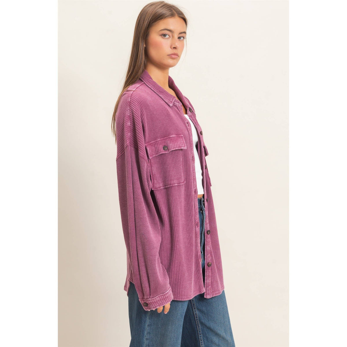 Mineral Wash Waffle Knit Button-Up Shacket, Feathered Farmhouse