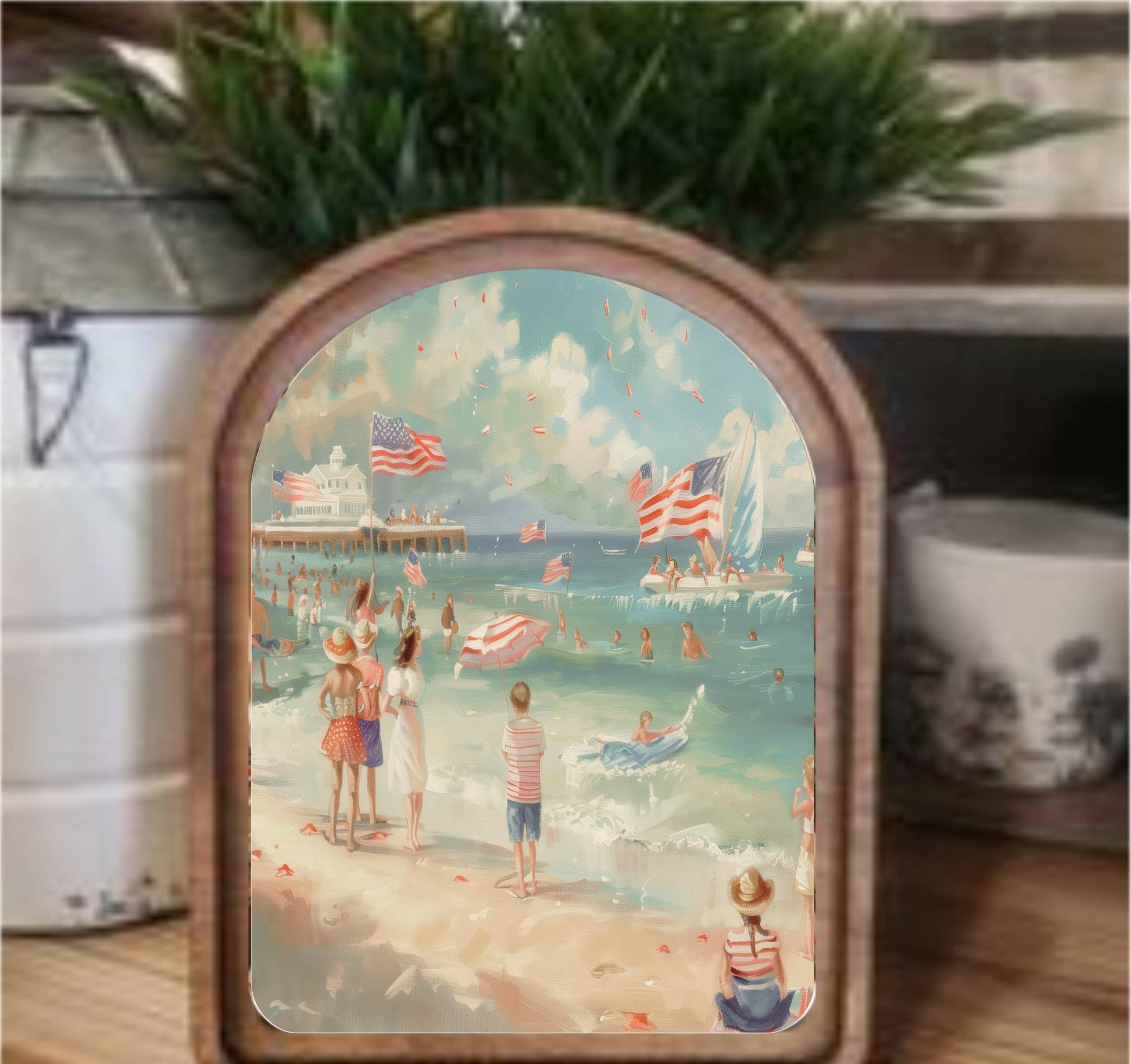 Patriotic Beach Scene Framed Arch, Feathered Farmhouse
