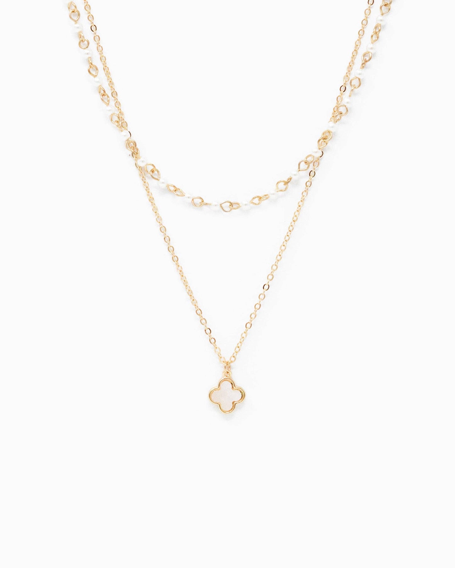 Double Layered Clover Necklace with Pearl Chain Necklace