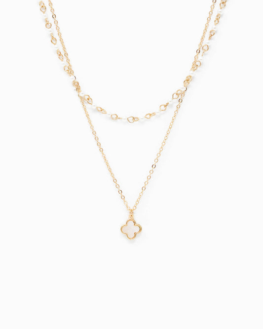 Double Layered Clover Necklace with Pearl Chain Necklace