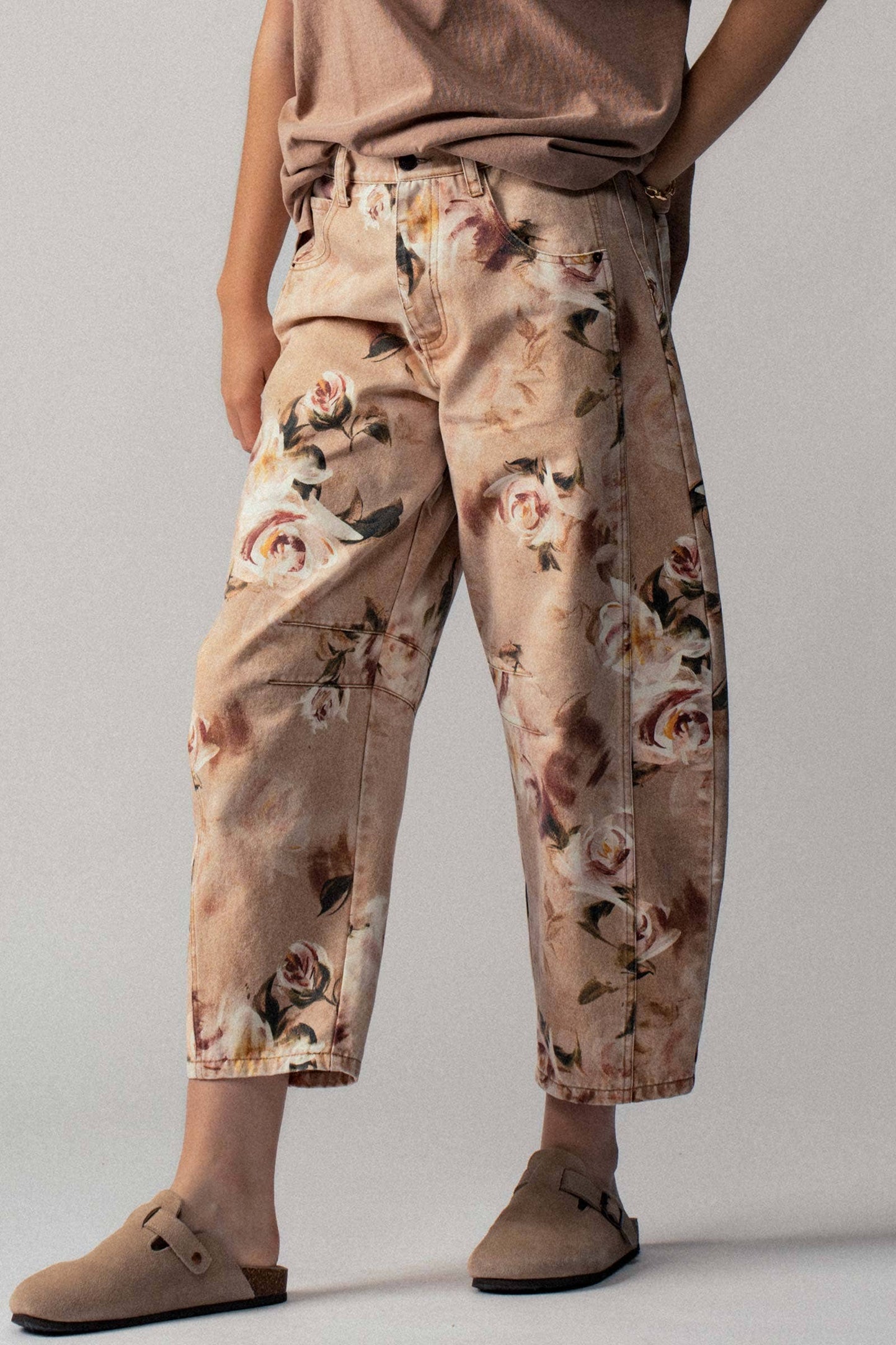 Vintage Rose Print Wide Leg Jeans, Feathered Farmhouse