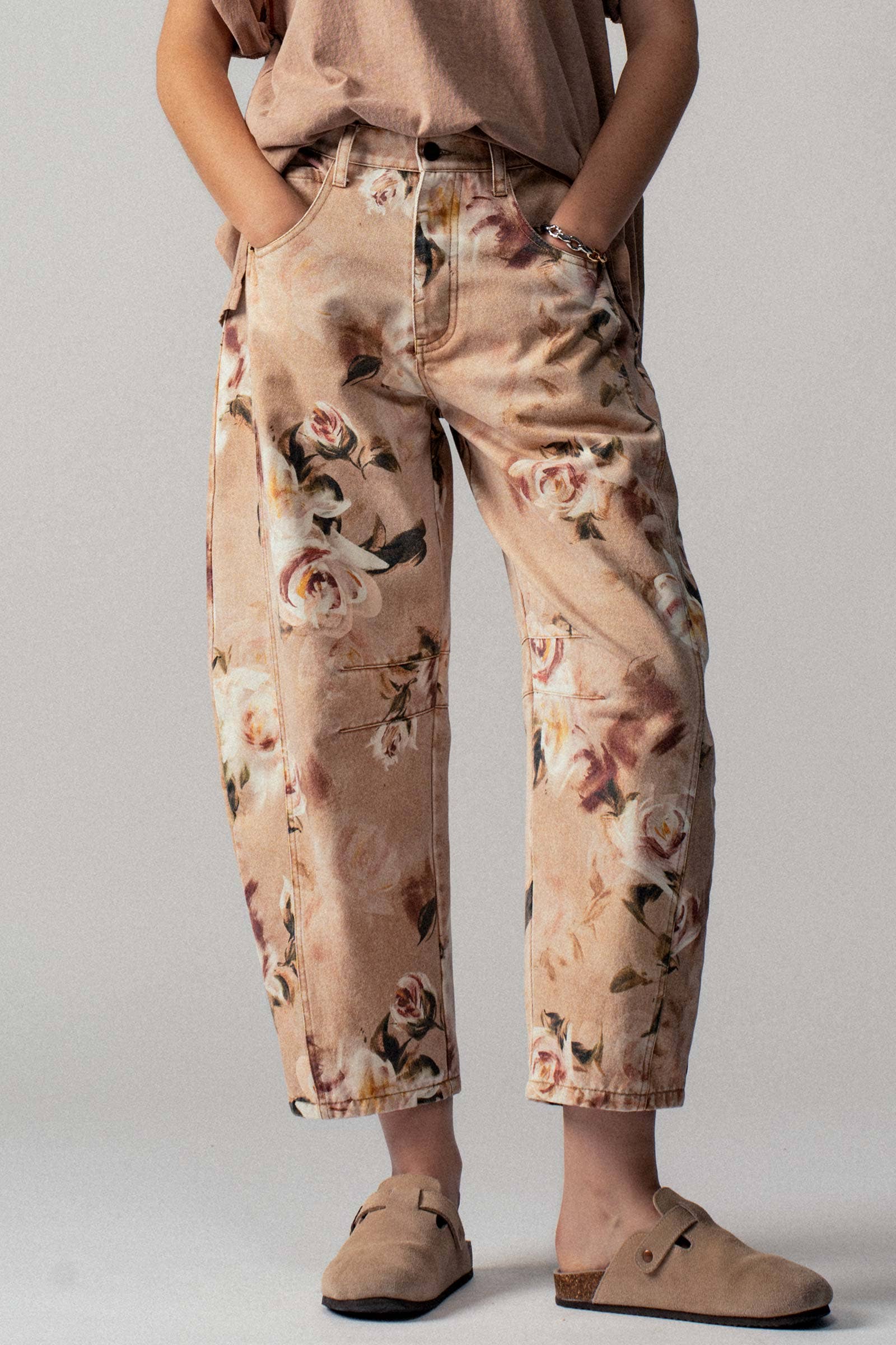 Vintage Rose Print Wide Leg Jeans, Feathered Farmhouse