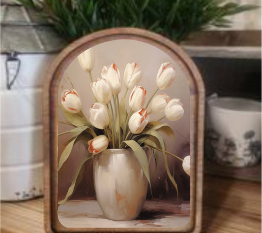 Tulips Framed Art Arch Top, Feathered Farmhouse