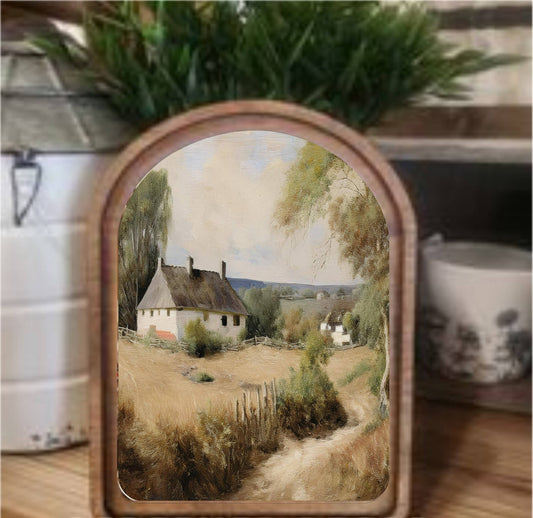 White Cottage Framed Art Arch Top, Feathered Farmhouse