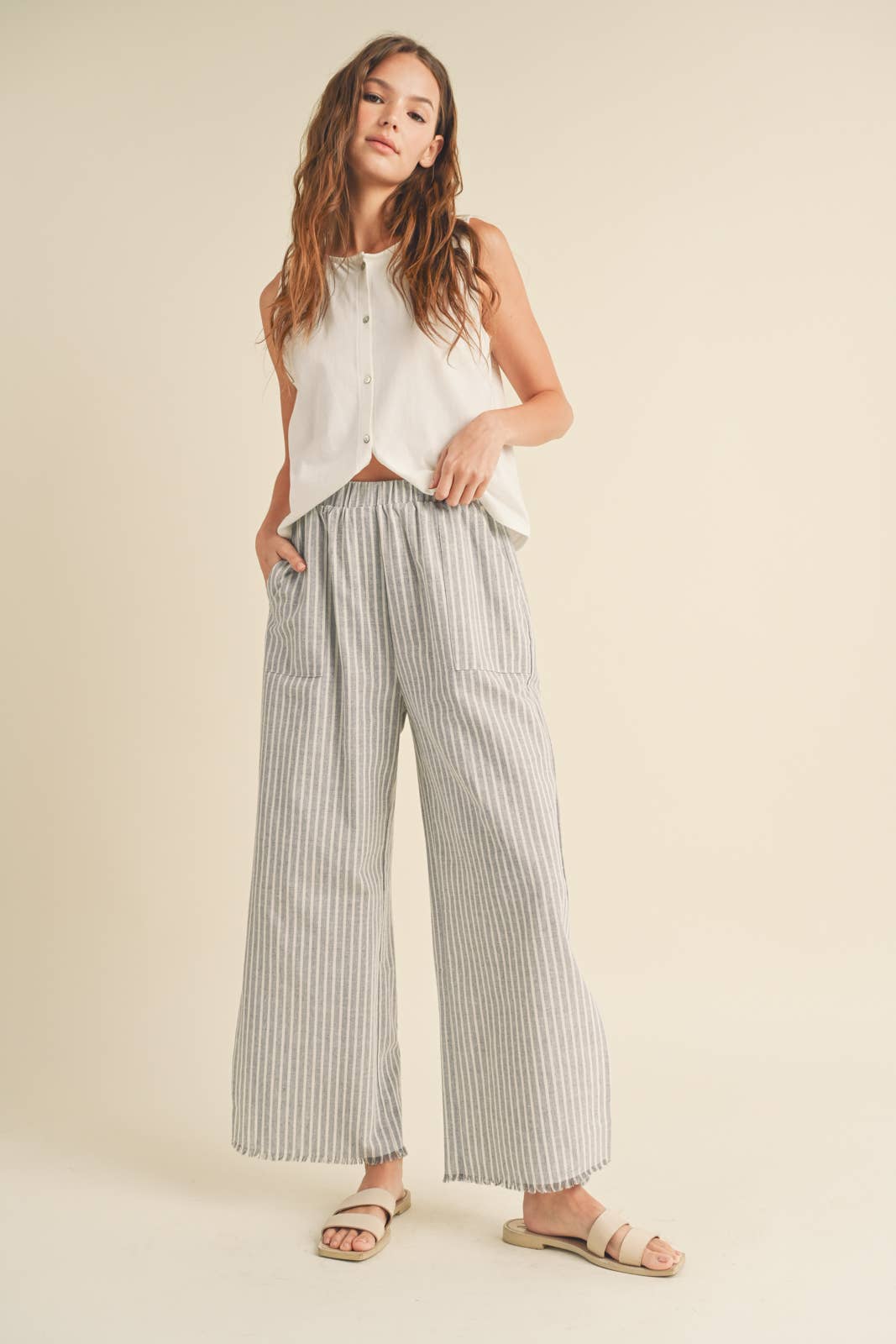 Striped Linen Pants with Raw Edge