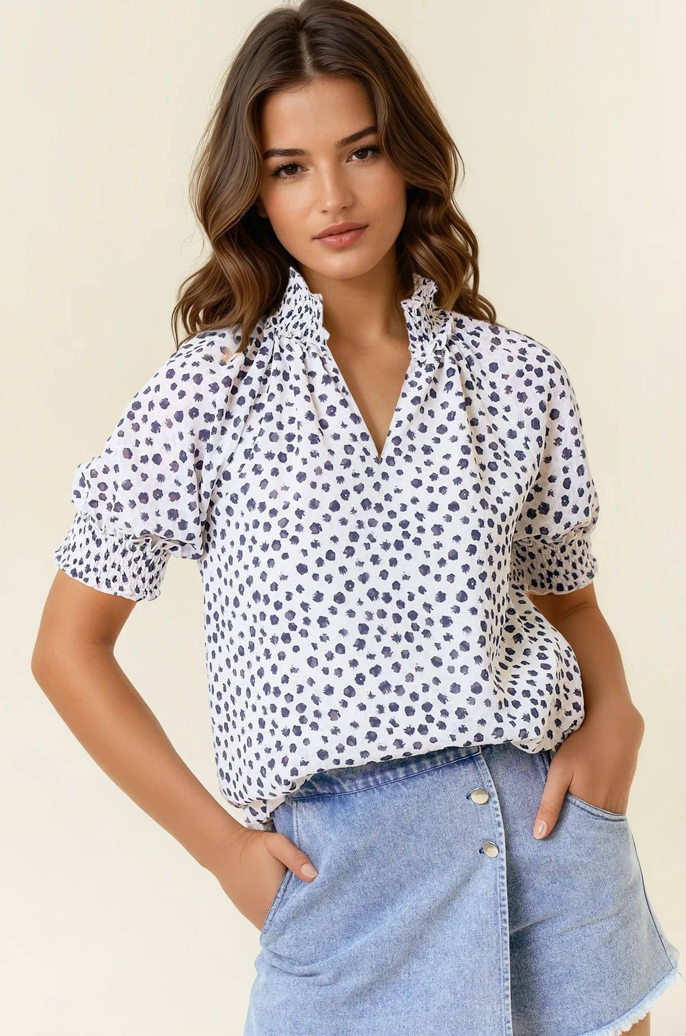 Jacquard Dot Print Short Sleeve Blouse, Feathered Farmhouse