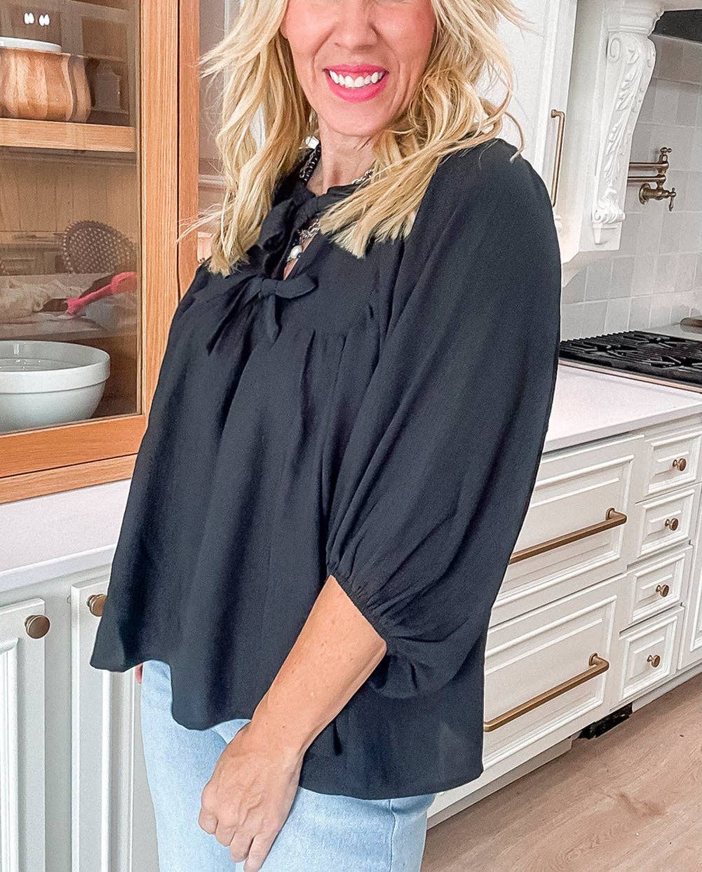 Black Bow Tie Neck Blouse, Feathered Farmhouse