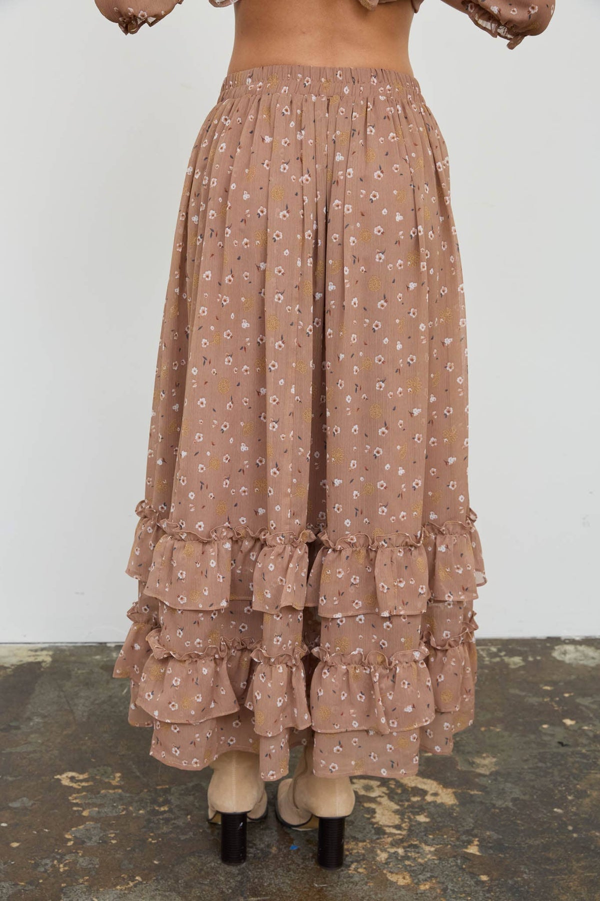 Mocha Floral Ruffled Tiered Hem Midi Skirt, Feathered Farmhouse