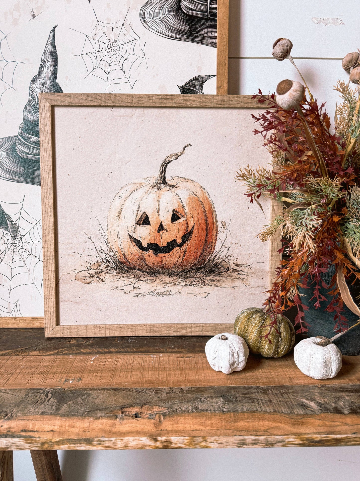 Vintage Pumpkin Face Wood Sign, Feathered Farmhouse