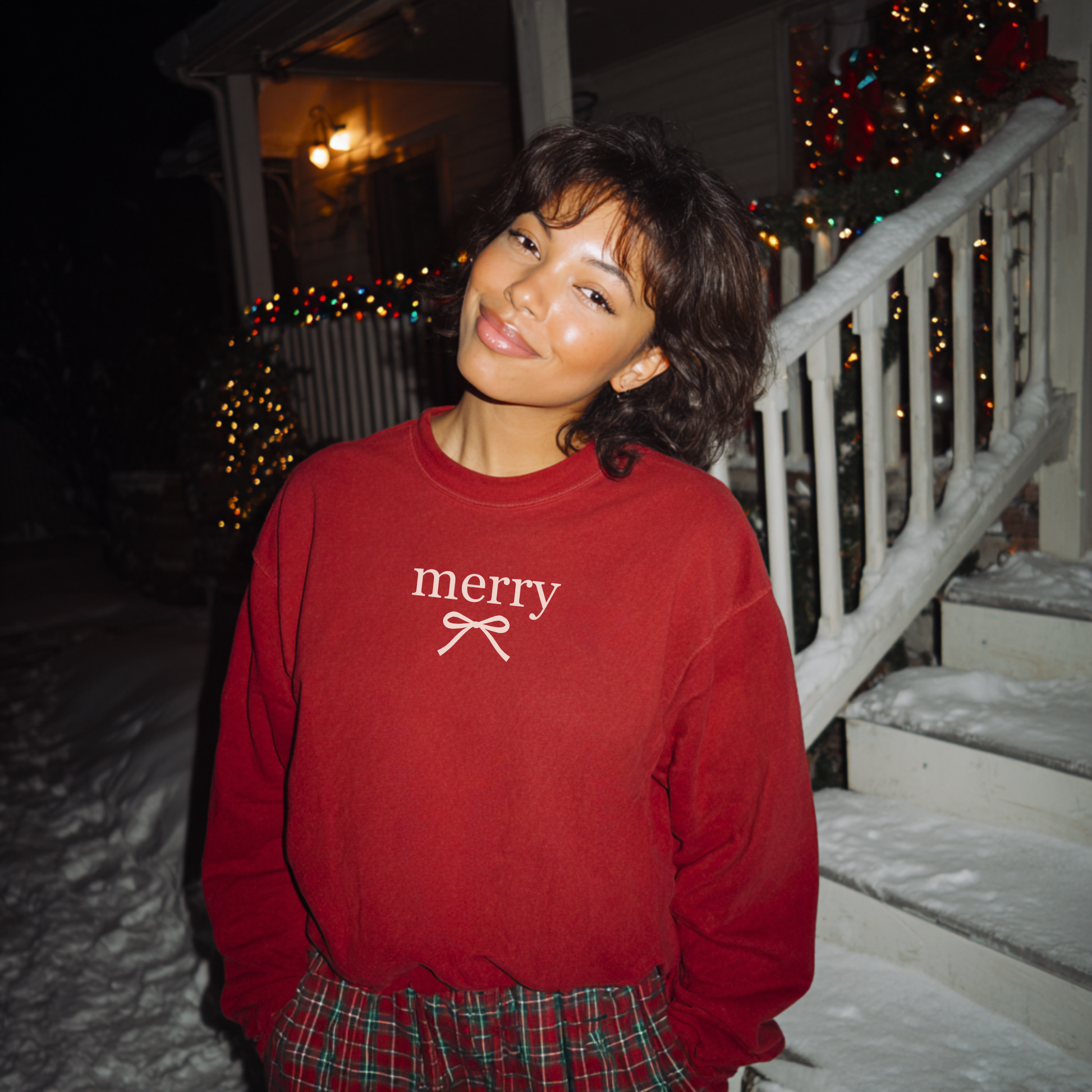 Red Merry Bow Christmas Sweatshirt, Feathered Farmhouse