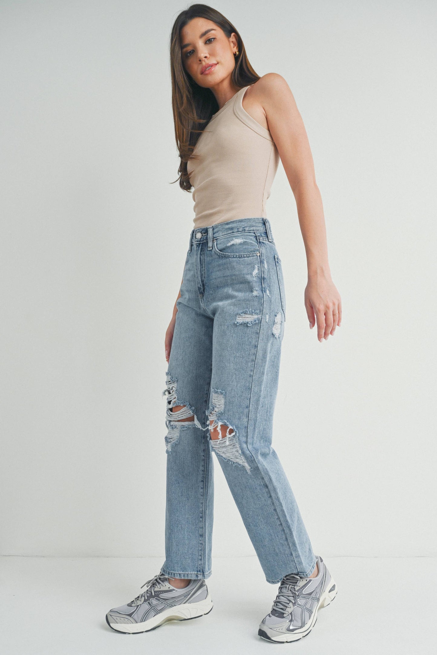 High Rise Distressed Dad Jean, Feathered Farmhouse