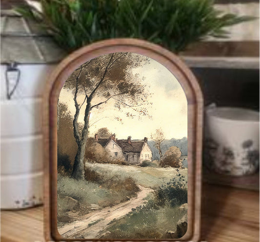 Moody Cottage Framed Art Arch Top, Feathered Farmhouse