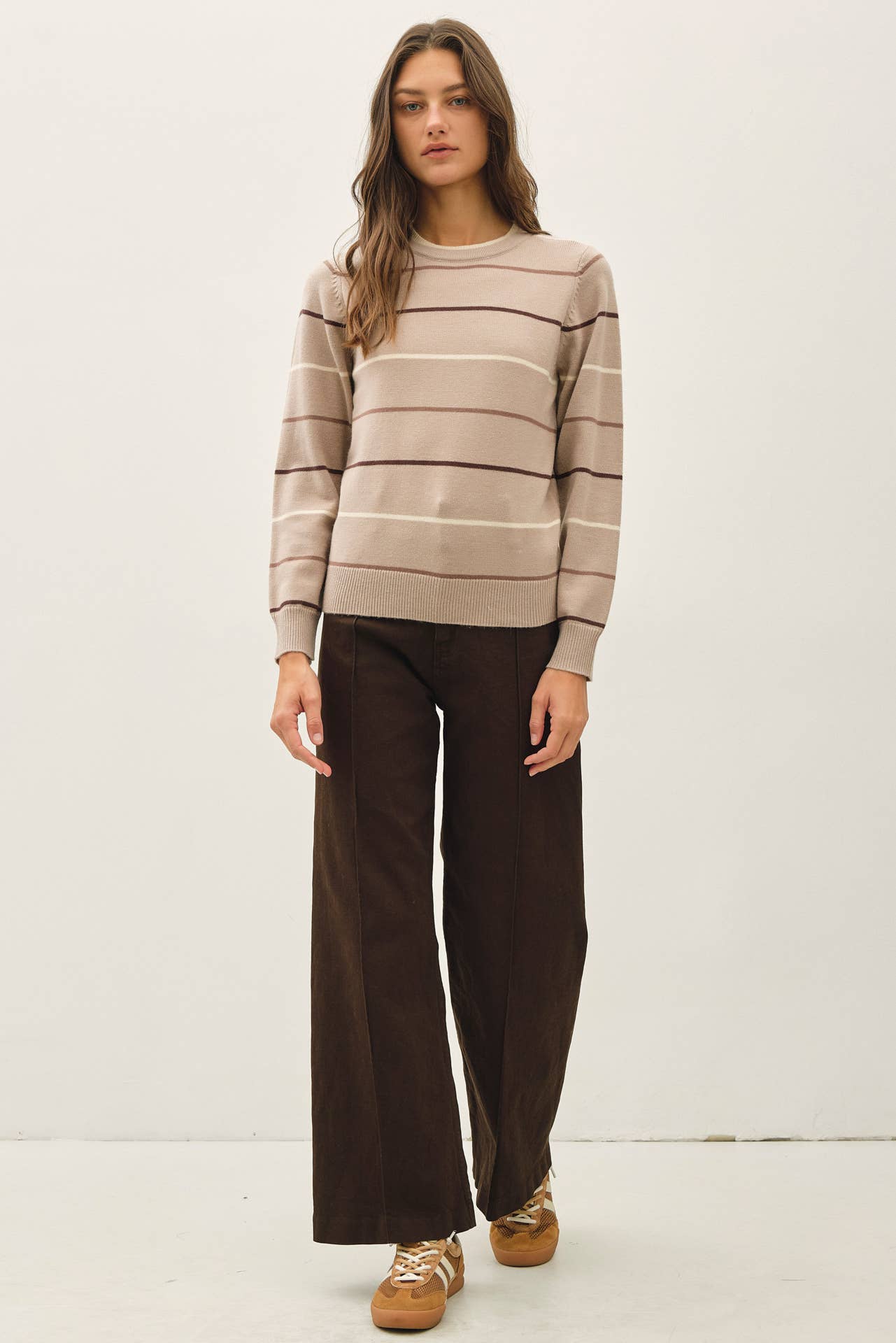 Double Layered Look Stripe Sweater, Feathered Farmhouse