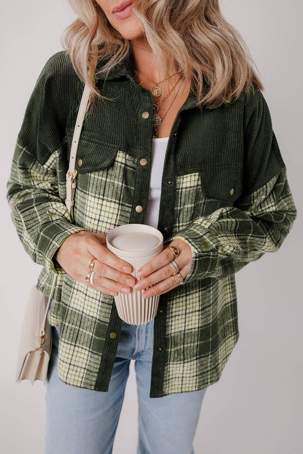 Blackish Green Snap Buttons Colorblock Plaid Shacket, Feathered Farmhouse