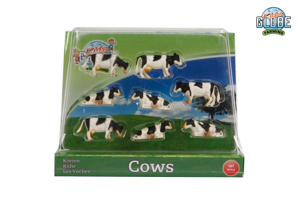 Kids Globe 1:87 Scale 8 Piece Standing/Laying Down Black and White Cow