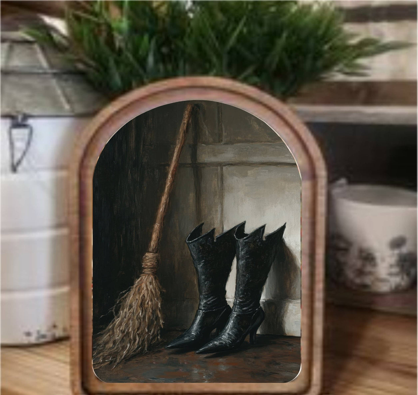 Witch Boots Framed Arch Top, Feathered Farmhouse
