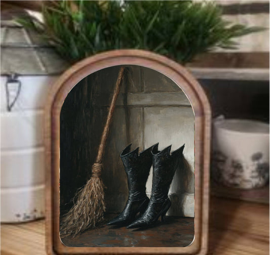 Witch Boots Framed Arch Top, Feathered Farmhouse