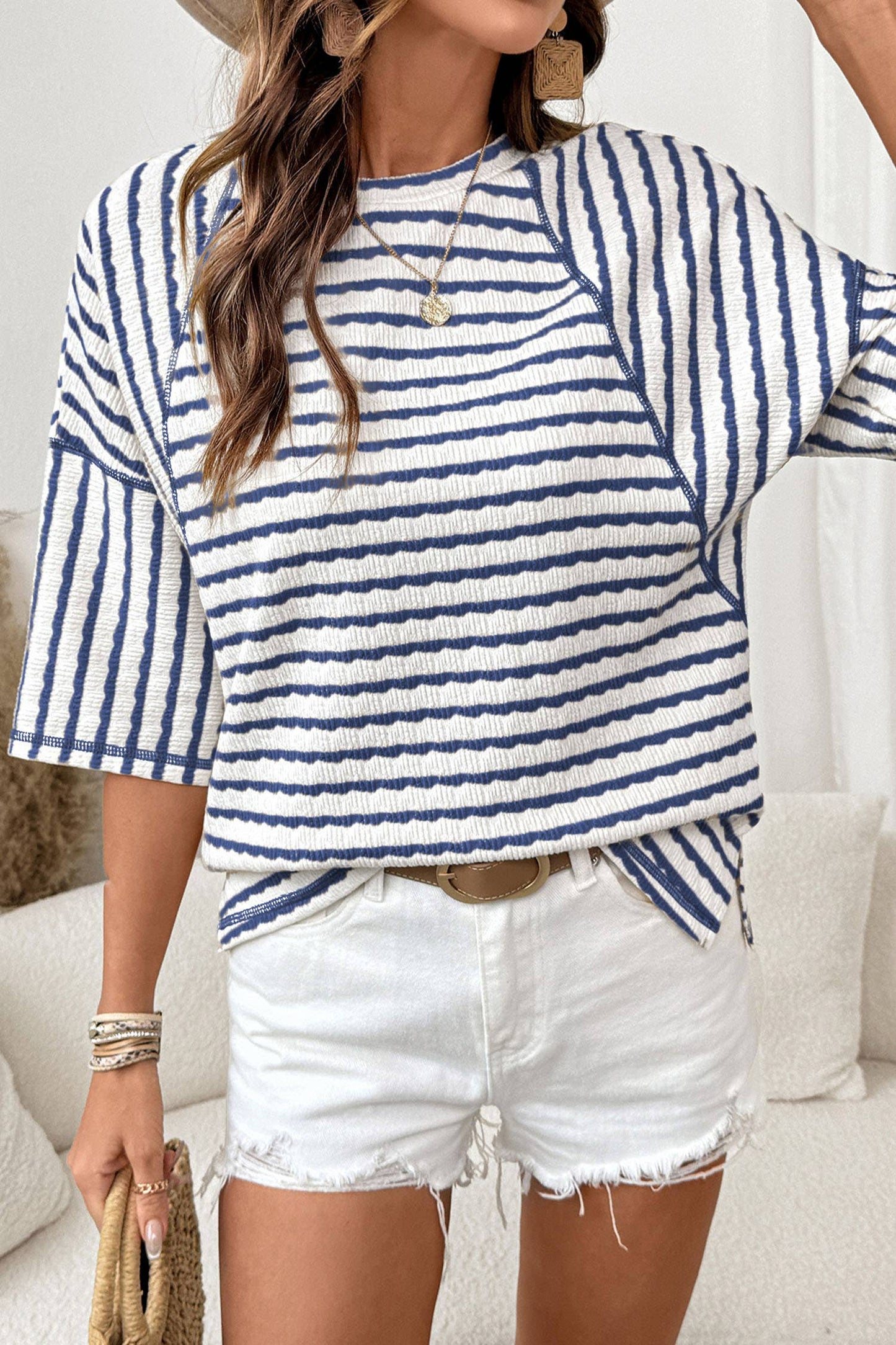 Stripe Knit Split Hem Top, Feathered Farmhouse