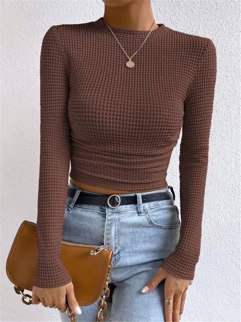 Brown Plain Waffle Fitted long Sleeve Top, Feathered Farmhouse
