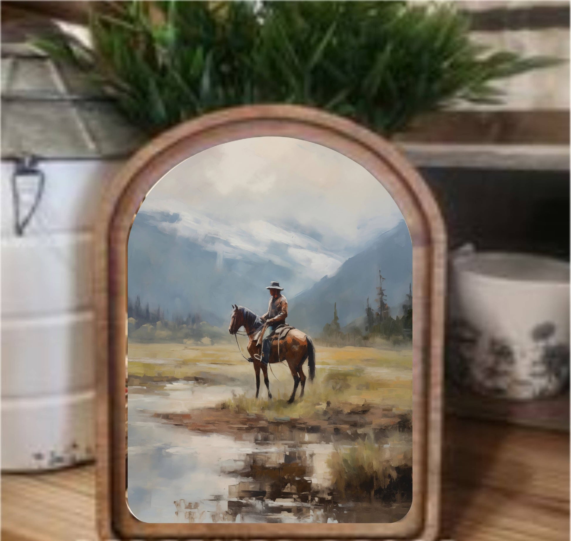 Mountain Cowboy Framed Art Arch Top, The Feathered Farmhouse