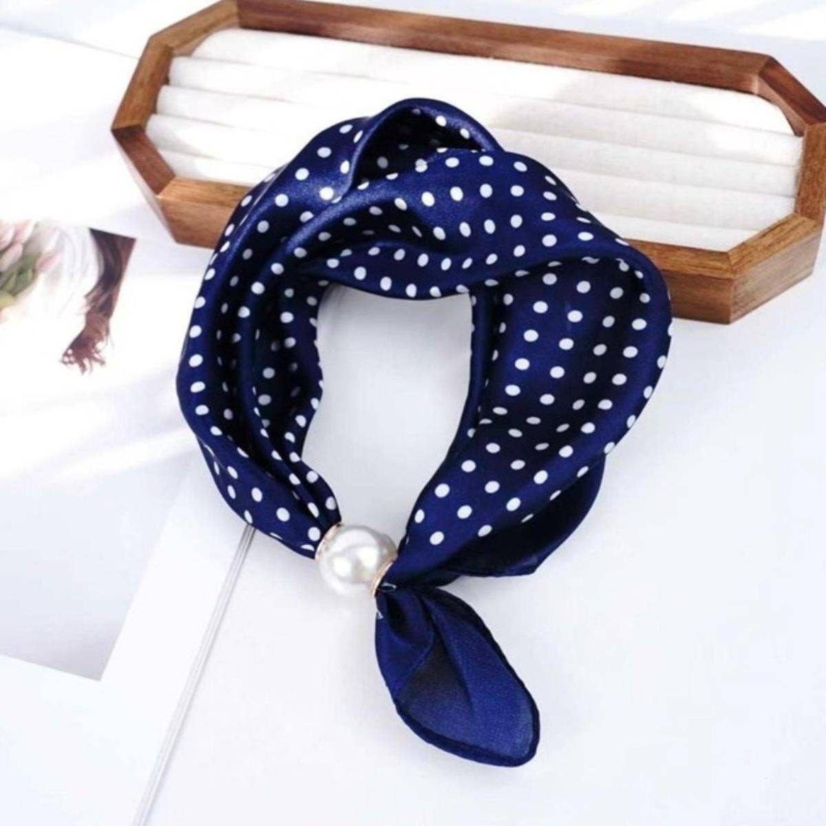 Navy Dottie Pearl Magnetic Closure Neck Scarf, Feathered Farmhouse