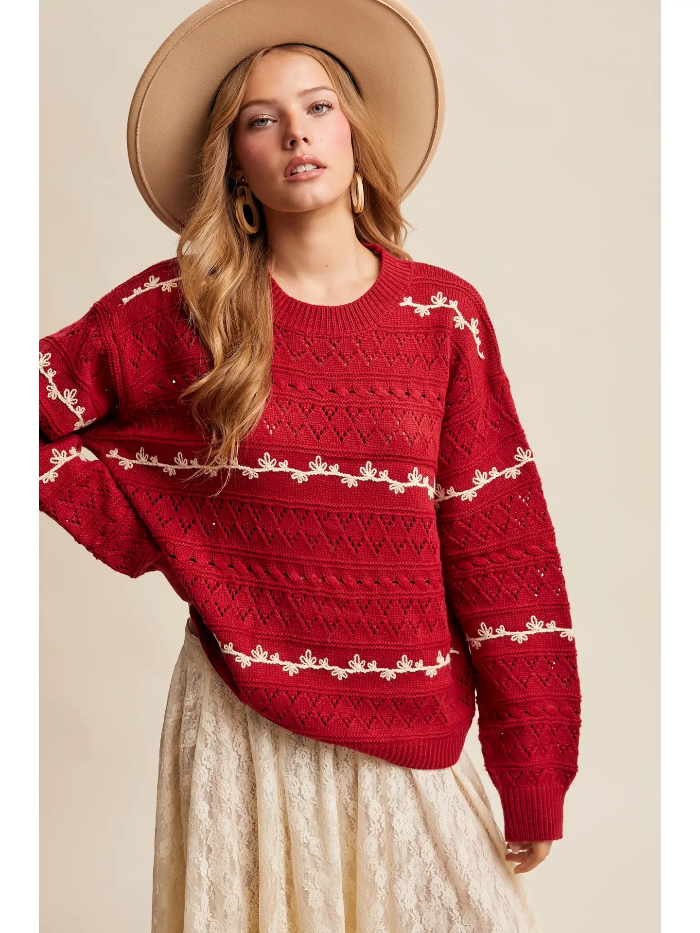 Embroidered Pointelle Knit Sweater