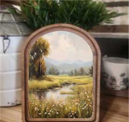 Spring Stream Framed Art Arch Top, Feathered Farmhouse