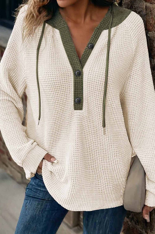Waffle Contrast Hooded Pullover Top, Feathered Farmhouse