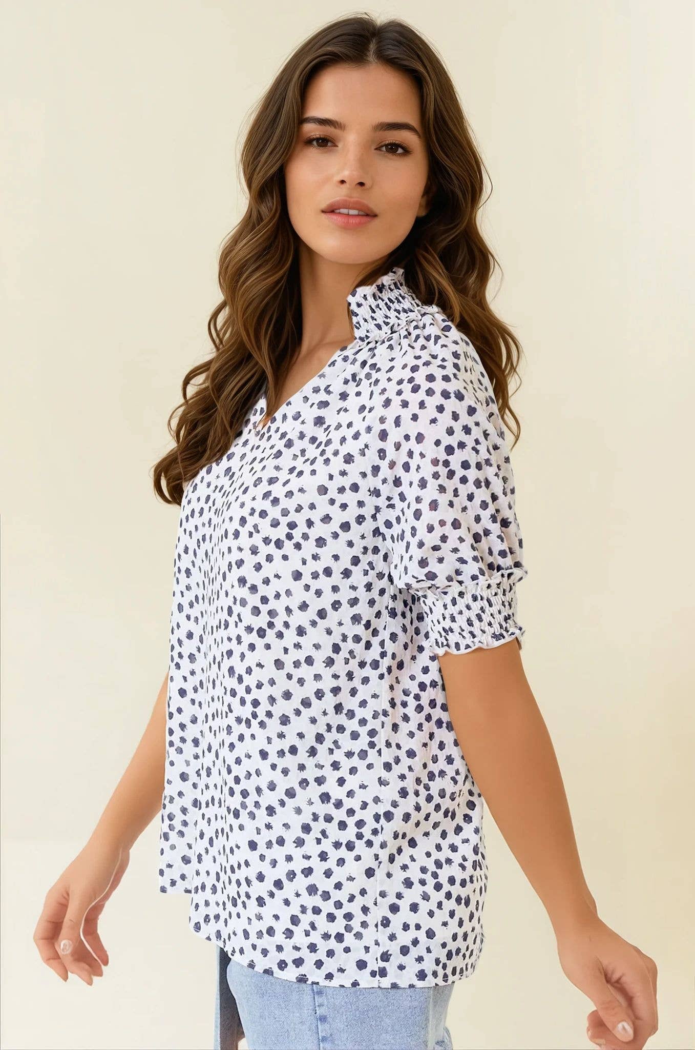 Jacquard Dot Print Short Sleeve Blouse, Feathered Farmhouse