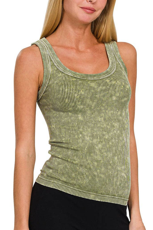 Ash Olive Washed Ribbed Seamless Tank Top, Feathered Farmhouse